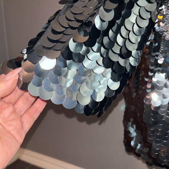 H & M Black & Silver Giant Sequin Long Sleeve High Neck Swing Dress EUC Small - Picture 8 of 16